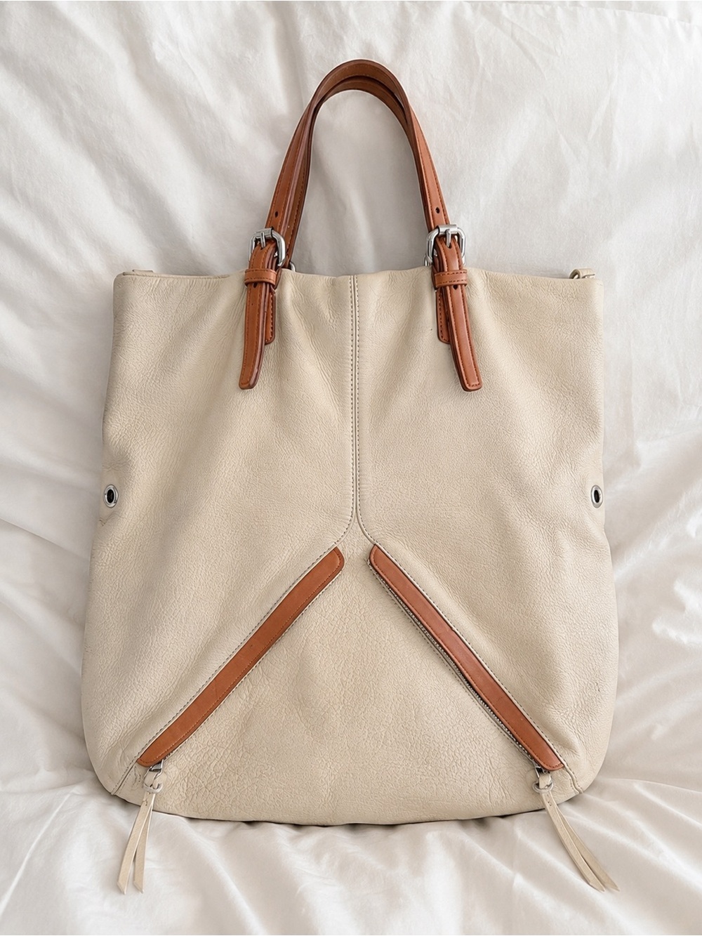 Christopher Kon Real Cream Leather Tote Bag Tan Trim